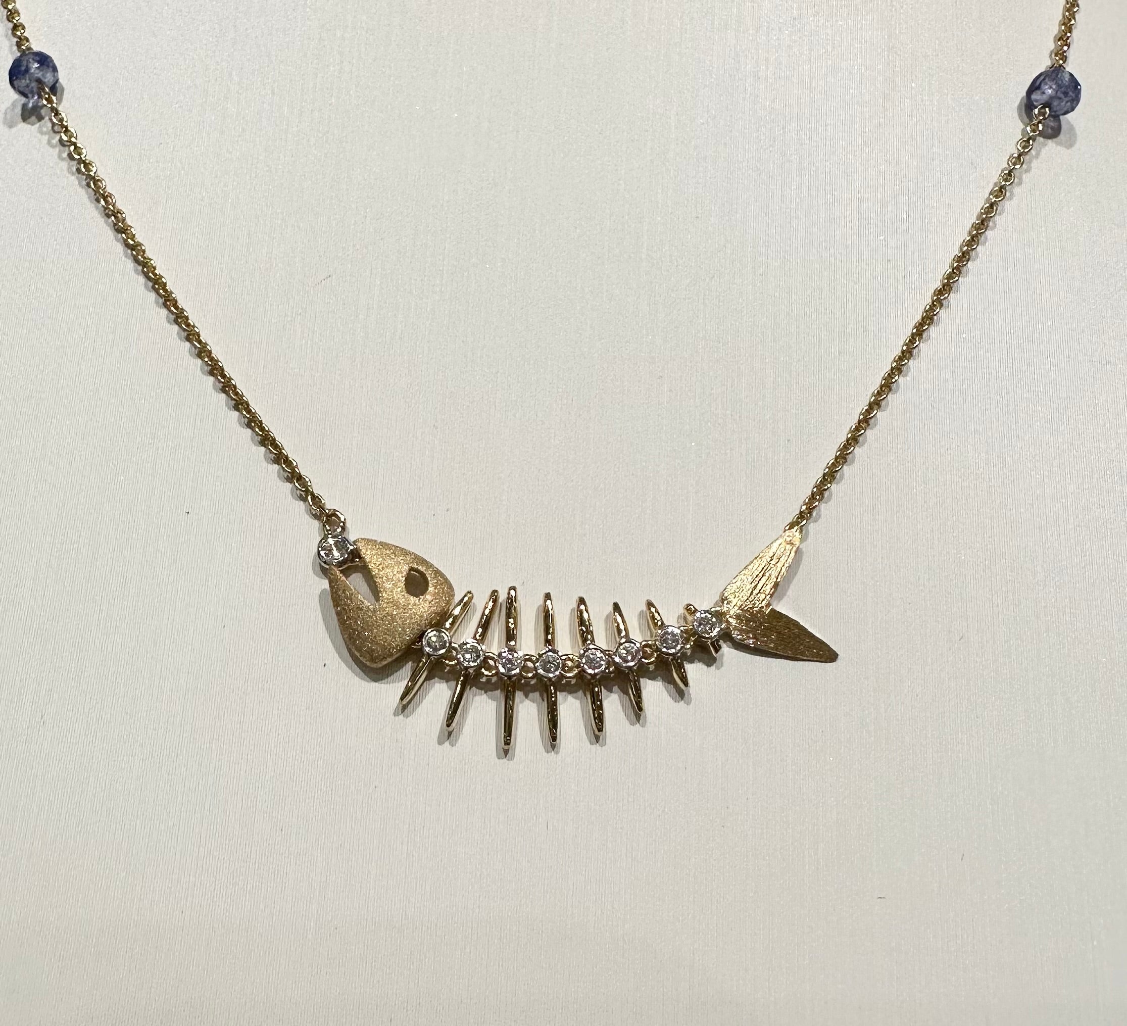 14K 2Tone Fish Bone Necklace w/19Dia. 0.06CTW,4 Tanzanite 0.87CTW UNBF30DX