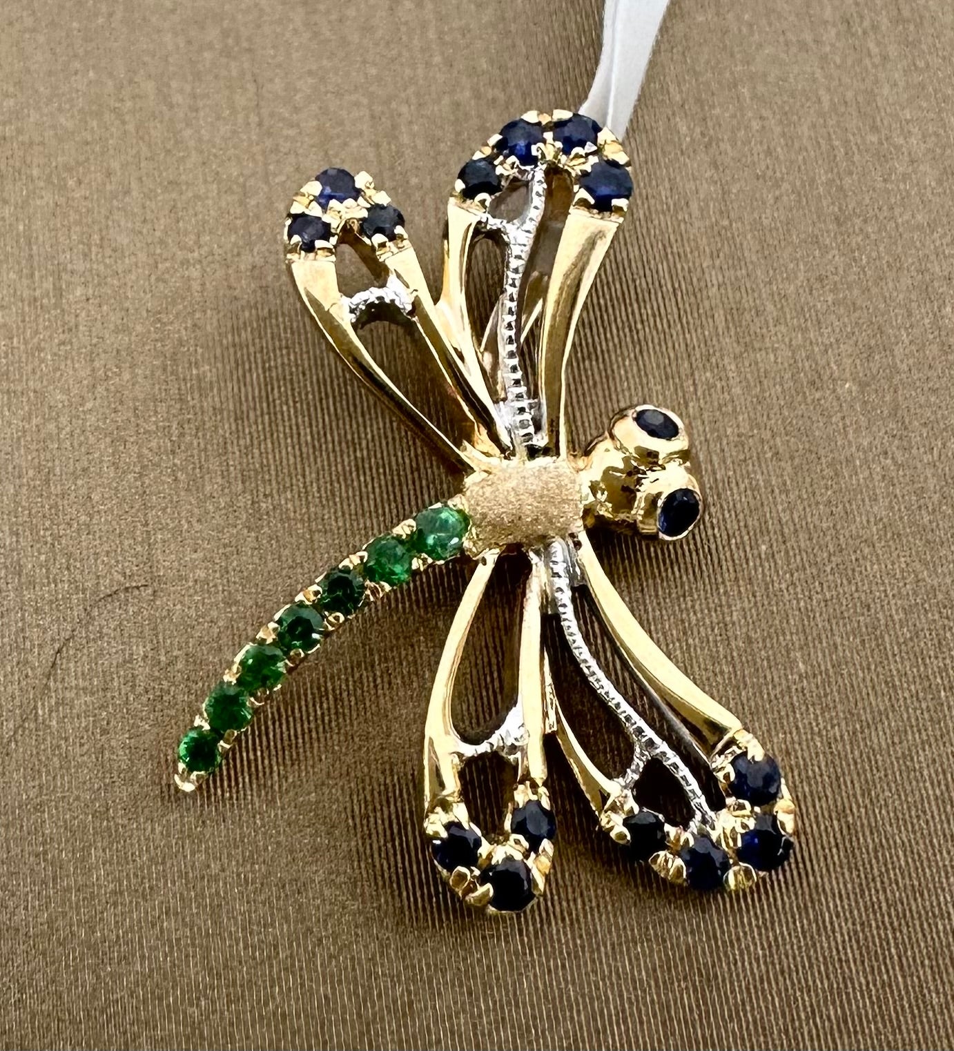 14K 2Tone Dragonfly P/D w/16 Blue Saph. 0.11CTW, 7 Tsavorites 0.05CTW TPDF-18XTS