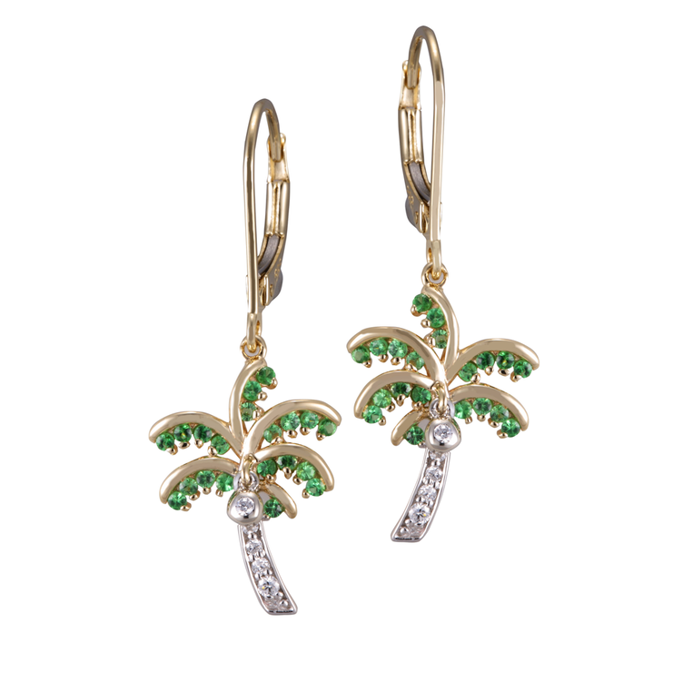 14K 2Tone 15mm Palm Tree E/R, w/10Dia. 0.06CTW, 40 Tsavorites 0.25CT L/B TESP-15DDX-TS-L