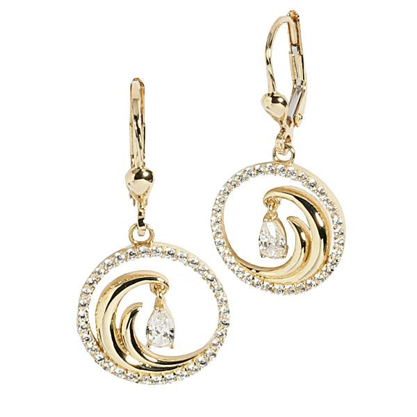 14K Yellow Gold Wave in Circle Earring CZ Inlay Lever Back