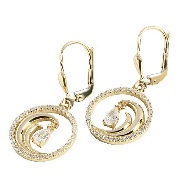 14K Yellow Gold Wave in Circle Earring CZ Inlay Lever Back