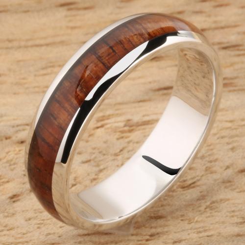 14K White Gold Natural Hawaiian Koa Wood Inlaid Wedding Ring 5mm
