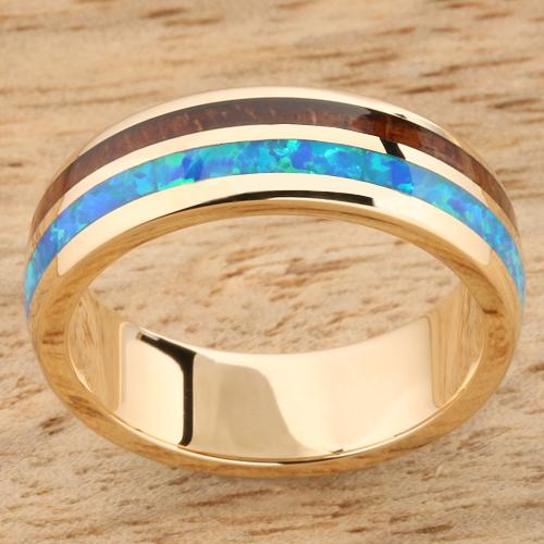14K Yellow Gold Natural Hawaiian Koa Wood and Opal Inlay Wedding Ring 6mm