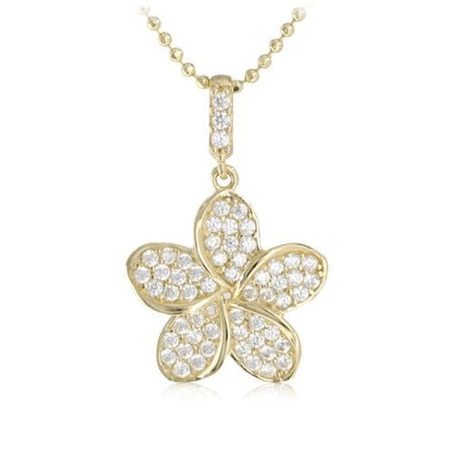 14K Yellow Gold Plumeria Pendant with Pave Clear CZ Set