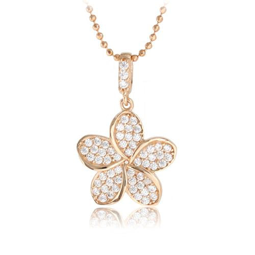 14K Pink Gold Plumeria Pendant with Pave Clear CZ Set