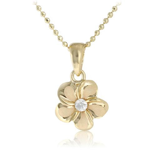 14K Yellow Gold Plumeria Pendant 9mm with Clear CZ