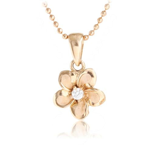 14K Pink Gold Plumeria Pendant 9mm with Clear CZ