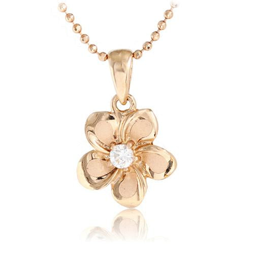 14K Pink Gold Plumeria Pendant 10mm with Clear CZ