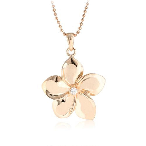 14K Pink Gold Plumeria Pendant 18mm with Clear CZ