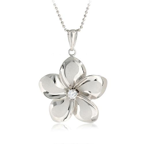 14K White Gold Plumeria Pendant 23mm with Clear CZ