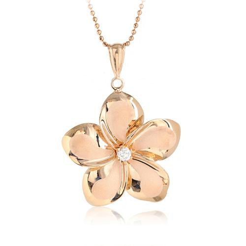 14K Pink Gold Plumeria Pendant 23mm with Clear CZ