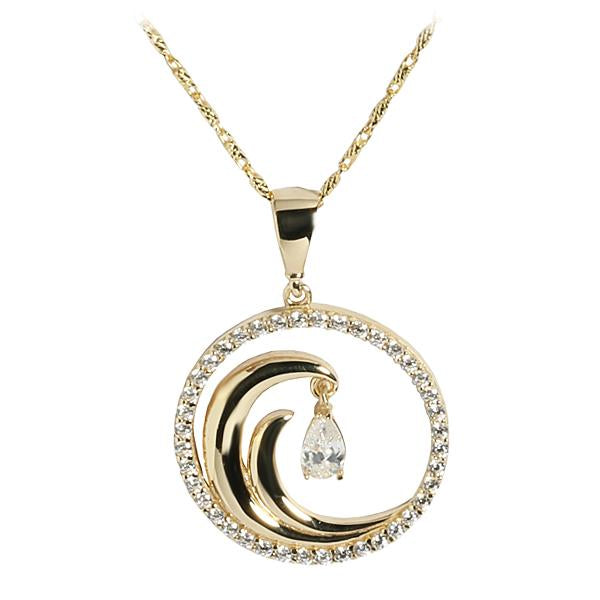 14K Yellow Gold Wave in Circle Pendant CZ Inlay(Chain Sold Separately)