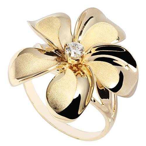 14K Yellow Gold Plumeria Ring with CZ Sandblast Polish Edge 23mm - Hanalei Jeweler