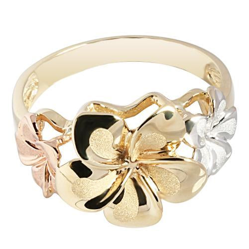 14K Gold Tri-color Triple Plumeria Ring Sandblast Polish Edge - Hanalei Jeweler