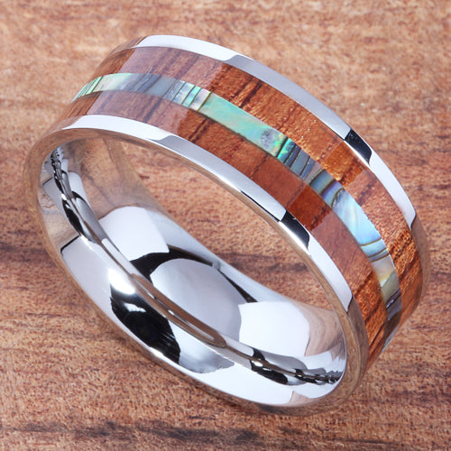 8mm Natural Hawaiian Koa Wood and Abalone Inlaid Stainless Steel Flat Wedding Ring