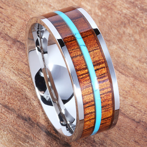 8mm Natural Hawaiian Koa Wood and Turquoise Inlaid Stainless Steel Flat Wedding Ring