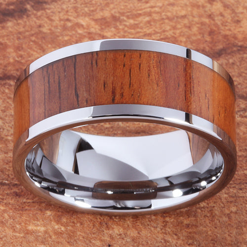 10mm Natural Hawaiian Koa Wood Inlaid Tungsten Flat Wedding Ring
