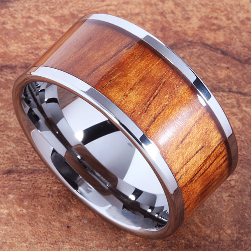 Natural Hawaiian Koa Wood Inlaid Tungsten Wedding Ring Flat 12mm Band Hawaiian Ring