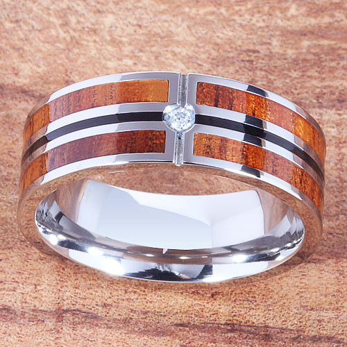 Koa Wood Titanium Wedding Ring with CZ Inlaid Mens Ring 8mm