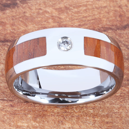 8mm Natural Hawaiian Koa Wood Inlaid Tungsten with CZ Oval Wedding Ring