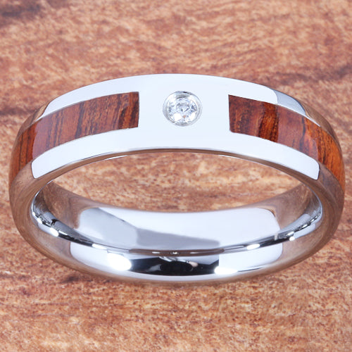 6mm Natural Hawaiian Koa Wood Inlaid Tungsten with CZ Oval Wedding Ring