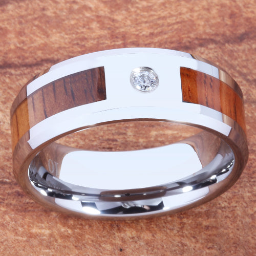 8mm Natural Hawaiian Koa Wood Inlaid Tungsten with CZ Beveled Edge Wedding Ring