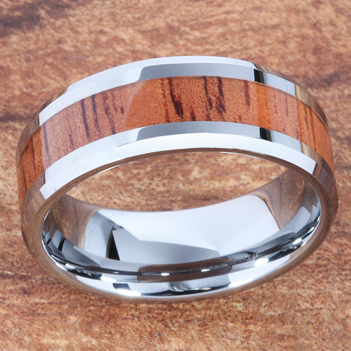 8mm Natural Hawaiian Koa Wood Inlaid Tungsten Beveled Edge Wedding Ring