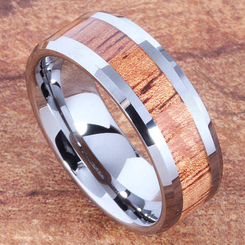 8mm Natural Hawaiian Koa Wood Inlaid Tungsten Beveled Edge Wedding Ring