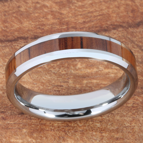 5mm Natural Hawaiian Koa Wood Inlaid Tungsten Beveled Edge Wedding Ring