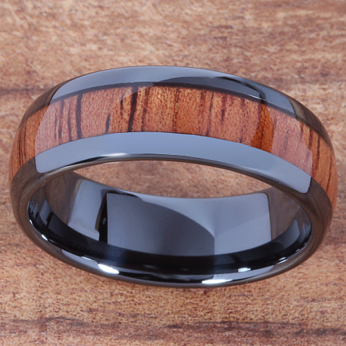 8mm Natural Hawaiian Koa Wood Inlaid High Tech Black Ceramic Oval Wedding Ring