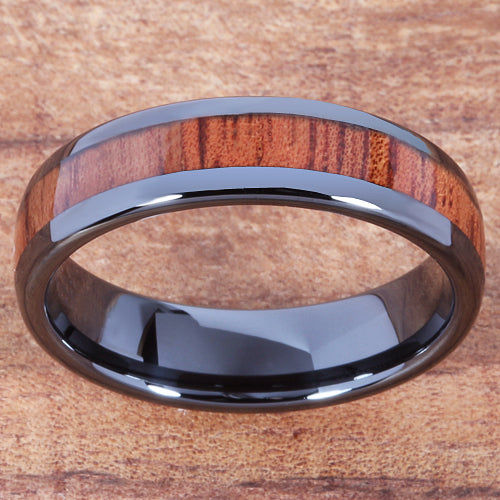 6mm Natural Hawaiian Koa Wood Inlaid High Tech Black Ceramic Oval Wedding Ring