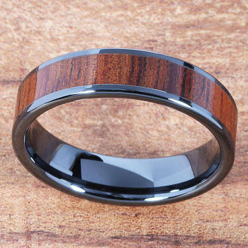 6mm Natural Hawaiian Koa Wood Inlaid High Tech Black Ceramic Flat Wedding Ring