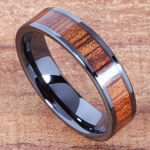 6mm Natural Hawaiian Koa Wood Inlaid High Tech Black Ceramic Flat Wedding Ring