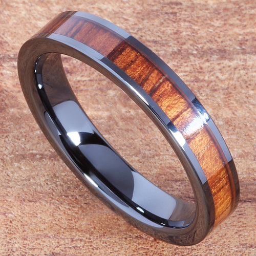 Natural Hawaiian Koa Wood Inlaid High Tech Black Ceramic Wedding Ring Flat 4mm Hawaiian Ring