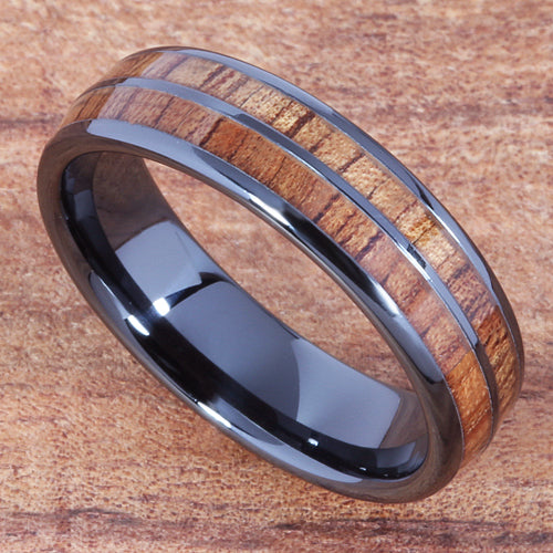 6mm Natural Hawaiian Koa Wood Inlaid High Tech Black Ceramic Double Row Wedding Ring