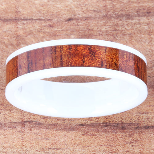 6mm Natural Hawaiian Koa Wood Inlaid High Tech White Ceramic Flat Wedding Ring