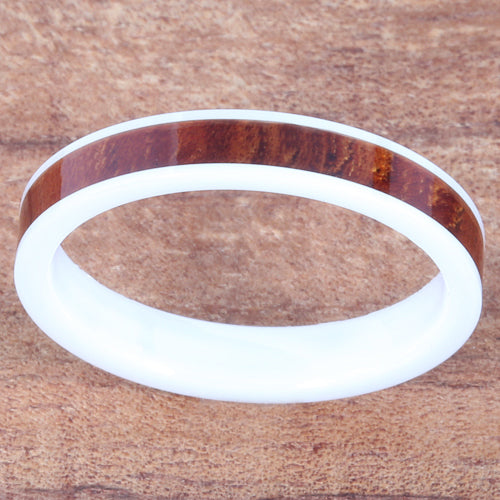 4mm Natural Hawaiian Koa Wood Inlaid High Tech White Ceramic Flat Wedding Ring
