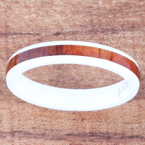 4mm Natural Hawaiian Koa Wood Inlaid High Tech White Ceramic Barrel Wedding Ring