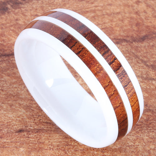 8mm Natural Hawaiian Koa Wood Inlaid High Tech White Ceramic Double Row Wedding Ring