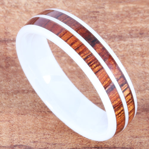 6mm Natural Hawaiian Koa Wood Inlaid High Tech White Ceramic Double Row Wedding Ring