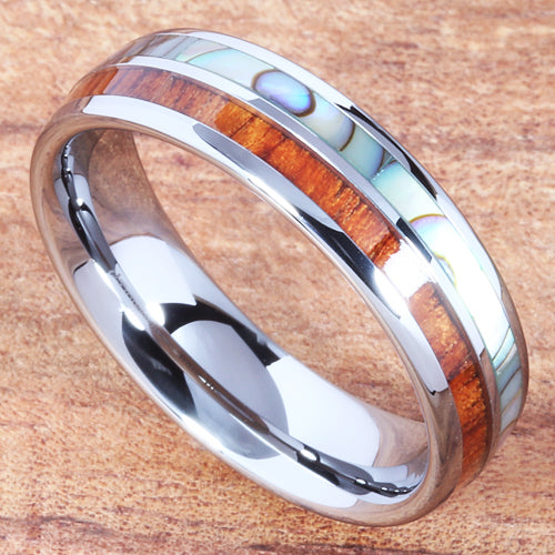 Koa Wood Abalone Tungsten Two Tone Wedding Ring Half Wood/Shell 6mm Barrel Shape Hawaiian Ring