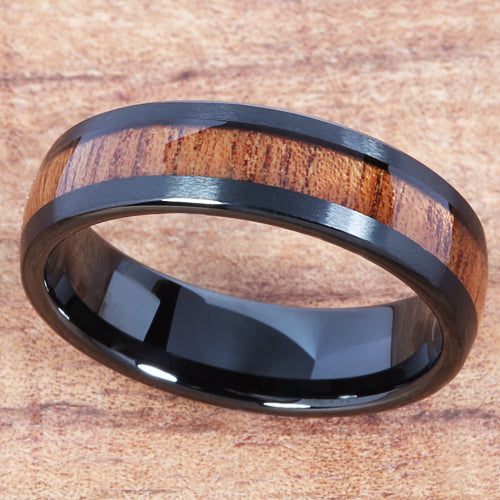 Black Tungsten Natural Hawaiian Koa Wood Wedding Ring Barrel Shape 6mm Hawaiian Ring