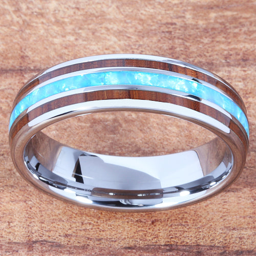 Koa Wood Opal Tungsten Wedding Ring Center/Opal 6mm Barrel Shape Hawaiian Ring