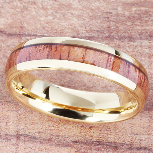 6mm Natural Hawaiian Koa Wood Inlaid Tungsten Oval Wedding Ring Yellow Gold Plated