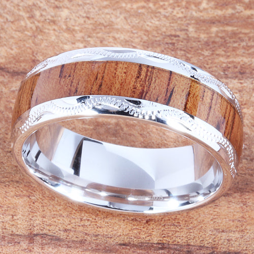 Sterling Silver Koa Wood Wedding Ring Hand-made Scroll Engraving 8mm