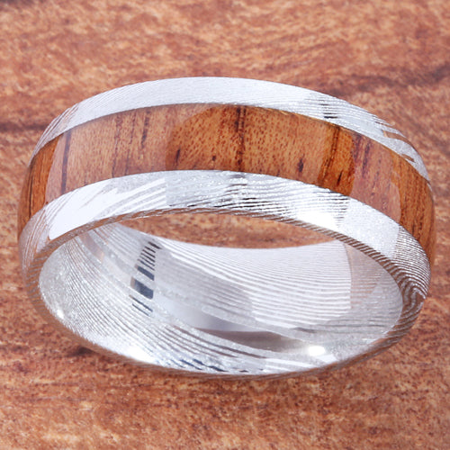 Koa Wood Inlay Damascus Wedding Ring 8mm