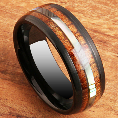 Koa Wood Abalone Tungsten Two Tone Wedding Ring Central Abalone 8mm
