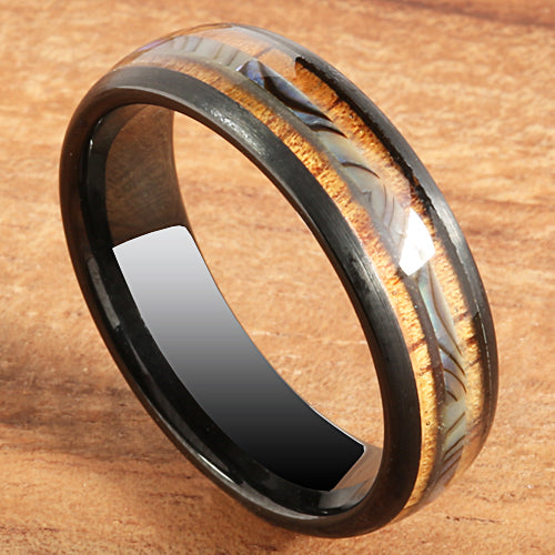 Koa Wood Abalone Tungsten Wedding Ring Central Abalone 6mm Barrel Shape Hawaiian Ring