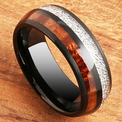 Koa Wood Meteorite Tungsten Two Tone Wedding Ring 8mm