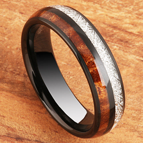 Koa Wood Meteorite Tungsten Wedding Ring 6mm Barrel Shape Hawaiian Ring